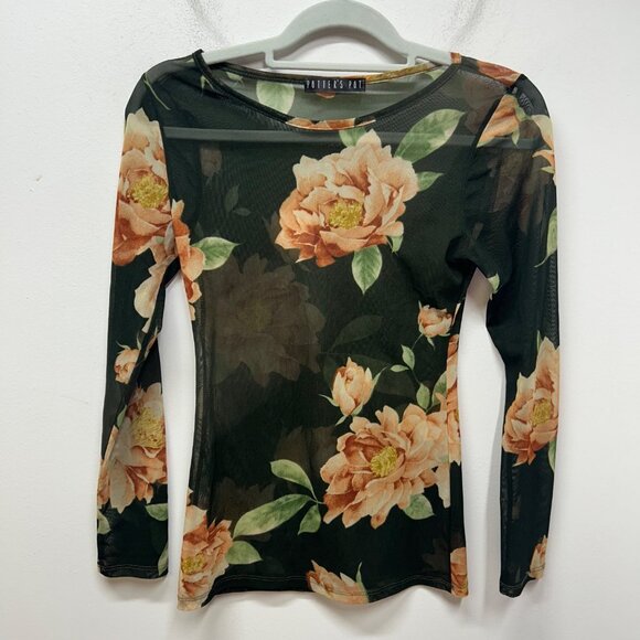 Floral Sheer Long Sleeve top S Mesh green orange fall whimsigoth - Picture 1 of 5